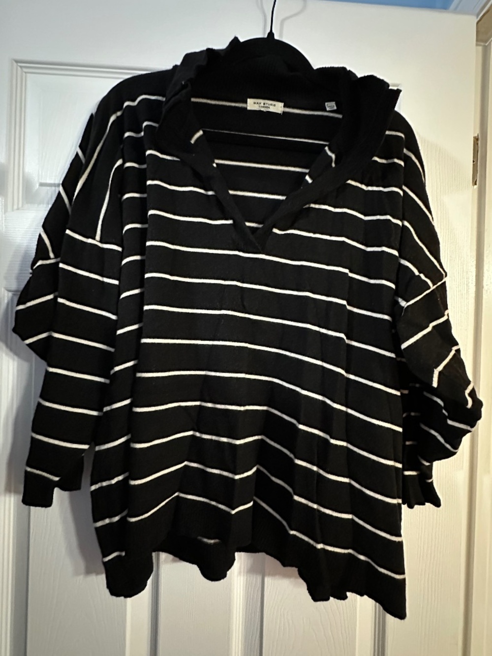 Max Studio London Black & White Striped Hooded Sweater | Oversized Cozy Knit